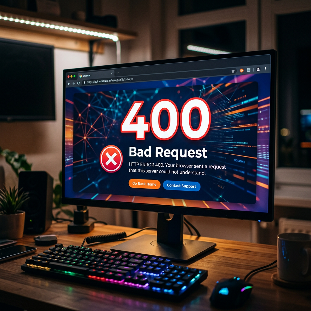 Computer monitor displaying 400 Bad Request error with Go Back Home and Contact Support buttons